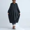Vestido Lanterna Vintage de Cor Sólida para Primavera, Outono e Inverno, com Gola Meio Alta, Elegante Vestido Longo de Patchwork de Algodão e Linho para Mulheres