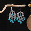 Pendientes Retro Étnicos Europeos y Americanos de Turquesa Azul con Diseño de Anillo Hueco, Colgantes de Borla Floral de Gama Alta, Pendientes Exagerados de Gota de Agua