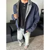 Jaqueta Curta Patchwork Xadrez Azul Marinho Design Masculino Uniforme de Baseball Cleanfit Falso Duas Peças Jaqueta de Voo