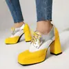2025 Nova Cor Color Block Cadarço Bico Quadrado Sapatilhas Plataforma Sola Grossa Sapatos de Salto Grosso Tamanhos Grandes 40-48 Exportação Transfronteiriça