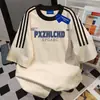 Camiseta de Manga Corta 100% Algodón Puro con Estampado de Letras Divertidas y Personalizadas y Tres Rayas para Hombres y Mujeres Verano Holgada Estilo Coreano Top Ins