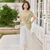 Traje Elegante de Verão com Sensação Gelada de Manga Curta para Mãe Conjunto de Duas Peças de Roupa Elegante para Mulheres de Meia-Idade e Idosas Camisa de Cetim de Seda Solta Moda Conjunto de Duas Peças Mulheres