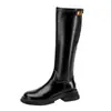 Botas Largas de Piel de Cordero Estilo Retro Francés para Mujer Hebilla Dorada Pequeña Punta Redonda Suela Gruesa Caña Alta Tacón Grueso Adelgazantes Botas de Montar