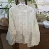 Camisa de Manga Larga con Cuello Alto, Patchwork Retro, Botones y Bordado Artístico, Estilo Nuevo de Verano, Camisa Casual de Imitación de Ramio para Mujer, Blanca