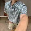 Camisa a cuadros de manga corta retro americana para hombre, estilo limpio y soleado de verano, top de camisa holgada de manga corta para niños