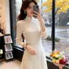 Novo vestido nacional de moda estilo chinês para mulheres, novo estilo elegante francês para primavera e outono, acinturado, vestido longo emagrecedor