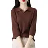 Colección Otoño 2025 Transfronteriza Camisa Base de Punto de Algodón con Cuello Polo y Manga Tres Cuartos para Mujer, Holgada, Adelgazante