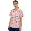 Blusa de Uniforme Estampada con Cuello en V para Mujer, Elástica de Secado Rápido, Uniforme para Salón de Peluquería de Mascotas, Doctor, Enfermera, Manga Corta
