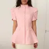 Ropa Europea y Americana Transfronteriza para Mujer, Nuevo Estilo de Verano, Dulce y Fresca, Cuello Alto, de Botones, Cintura Alta, Adelgazante, Chaqueta Camisa Top