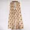Calça Larga Estampada para Mulheres, Cintura Elástica de Verão, Calça Longa Casual Solta, Estilo Artístico Retro, Calça Texturizada
