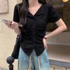 Talla grande Diseño Cuello en V Plisado Ajustado Solapa Manga corta Camiseta de verano para mujer chica gordita Alta gama Ajustado Top cubierto de carne
