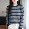 Suéter de Punto a Rayas Retro Color Block para Mujer Cuello Redondo Manga Larga Holgado Suéter Otoño Invierno Versátil Casual Top Básico