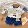 Roupas de Terno Estilo Coreano Verão 2024 Novas Calças para Bebê Menino de 1-3 Anos Conjunto de Duas Peças 100% Algodão Seção Fina Tipo A Roupas de Passeio