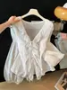 Camisa Elegante com Babados e Decote em V de Manga Longa Estilo Chanel para Mulheres, Design de Verão, Caimento Solto, Emagrecedor, Top com Proteção Solar