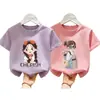 Camiseta de Manga Corta 100% Algodón Puro para Niñas Verano Nuevo Estilo Moda Dibujos Animados Estampada de Media Manga para Niños Pequeños y Medianos y Bebés