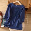 Tops Literarios Retro Elegantes de Lino Bordado para Mujer Sueltos Talla Grande Cuello Redondo Elegante Camiseta de Manga Media Verano