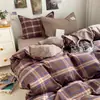 Conjunto de quatro peças xadrez de algodão lavado, algodão puro, cores frescas e cremosas em blocos, conjunto de cama de três peças 4