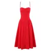 Vestido Plisado Rojo Navideño de Acero con Anillo Tridimensional para Ceñir la Cintura, Vestido Largo Elegante de Tirantes Finos de Color Sólido para Otoño