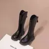 Botas Longas Femininas Outono e Inverno 2025 Novo Estilo Britânico Botas de Cavaleiro Pretas para Crianças Botas de Inverno com Lã para Meninas Pequenas
