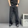Calça Jeans Lavada Preta Cinza Americana para Homens, Costura Lateral em Contraste, Perna Reta Ligeiramente Flare, Calça Longa Casual Solta para Trabalho na Primavera Outono