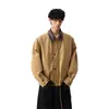 Chaqueta de Trabajo Barn Wind con Cuello de Cuero para Motocicleta 25 Otoño/Invierno Nuevo Retro Holgado Estilo Pareja Impermeable Bloque de Color Cárdigan
