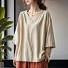 Algodón y Lino 2025 Otoño Nuevo Suelto Versátil Talla Grande Manga Siete Puntos Camisa con Cuello para Gorditas Top Artístico Camisa Básica para Mujer