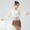 Traje de Dança Clássica para Mulheres, Novo Estilo Blusa Transparente com Decote V Franzido Fita Mangas Bufantes Lanterna, Top Elegante para Performance de Dança Chinesa