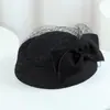 Boina de Lana para Mujer, Estilo Francés, Otoño e Invierno, Lazo de Malla Retro, Sombrero de Recepción para Actuación, Sombrero de Azafata para Vestido de Noche
