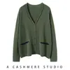 Cárdigan elegante de cachemira tejida para mujer estilo coreano de color contrastante con cuello en V y diseño de bolsillo, elegante, holgado, adelgazante, para ir al trabajo
