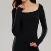 Camiseta sexy de manga larga con cuello cuadrado generoso para mujer, corte ajustado que estiliza, Prada, alta elasticidad, ropa deportiva para yoga, top, transfronterizo