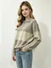 Atacado transfronteiriço direto da fábrica: Suéter feminino de outono e inverno com gola polo e zíper parcial, listras largas contrastantes, top de malha