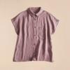 Camisa Simples de Algodão e Linho de Cor Sólida com Manga Curta para Mulheres, Nova Blusa Casual de Verão com Gola Reversível, Cardigan de Algodão e Linho para Mulheres