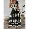 En Stock Comercio Exterior Transfronterizo 1688 Vestido de Verano para Mujer Estilo Elegante de Vacaciones Estampado Cuello en V Europeo y Americano
