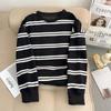 Foto Real de Sudadera Composada Rayada 330g Tendencia 2026 Principios de Otoño Nueva Camiseta de Manga Larga Fina Cuello Redondo Top Estilo Coreano Ropa para Mujer