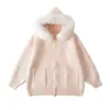 2025 Sentido del Diseño Cuello Grande de Piel Suéter con Capucha Nuevo Otoño e Invierno Cárdigan de Punto Estilo Perezoso Super Bonito Holgado Color Sólido