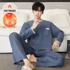 Nueva colección de otoño e invierno: pijama largo cálido y cómodo para hombre con pantalón largo y un solo bolsillo, hecho de lana y seda, adecuado tanto para usar en interiores como en exteriores
