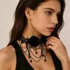 Collar de encaje negro rosa oscura gótico nicho gargantilla colgante de borla correa para el cuello cadena para la clavícula para mujer