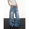 Jeans largo de cintura cruzada com strass estilo retrô americano ONLPP para mulheres, design de verão, corte solto, calça longa lavada e desgastada