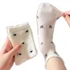 Meias Femininas Finas de Renda Branca com Malha Respirável, Borda Franzida e Laço, Comprimento Médio, Estilo Japonês Simples para Primavera