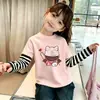 Top Patchwork Falso Duas Peças de Verão para Crianças Médias e Grandes Camiseta Roupas Infantis Roupas de Verão para Meninas Estilo Doce Desenho Camiseta de Manga Longa 100% Algodão