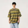 Camiseta Pesada Tie-Dye Listrada Amarela para Homens, Retro Americano Gola Pequena Manga Curta Oversize Marca Tendência Manga Três Quartos