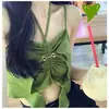 Sentido del diseño falso dos piezas tirante halter con cordón plisado ropa de verano para niña top sexy de color sólido fresco