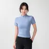 Nuevas Camisetas de Yoga de Media Cremallera de Manga Corta para Mujer Verano Ajustadas de Secado Rápido Transpirables que Cubren el Vientre Tops de Running sin Almohadillas en el Pecho