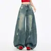 Jeans Casual Estilo Americano para Mulheres, Tendência Inverno 2025 Versátil Novo Solto Wide-Leg Rasgado para Uso Casual