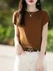 Top de verano para mujer de punto fino con cuello redondo, borde enrollado, manga corta, ligero, transpirable, adelgazante, versátil, simple, camiseta base de punto moderna