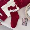 Calcetines Largos Serie Roja Otoño e Invierno Zhuji para Mujer, Calcetines Sin Costuras para Todas las Estaciones, Encaje Ins con Lazo Rojo de Año Nuevo