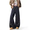Calça Jeans Vintage Retrô Americana com Botões Decorados para Homens e Mulheres, Calça Americana Larga Solta