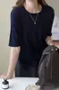 Camiseta básica de tricô de lã fina solúvel em água, manga curta, gola redonda, cor sólida, solta, fina, para mulheres