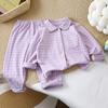 Conjunto de Pijama Infantil De Rong, Estilo Coreano, Cardigã Simples Xadrez para Relaxar com Gola, Conjunto Quente de Duas Peças para Meninos e Meninas