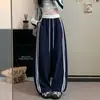 Nuevos pantalones deportivos de pierna ancha curvados de cintura alta para mujer, estilo otoño, con doble raya lateral, bloques de color, pantalones jogger casuales hasta el suelo